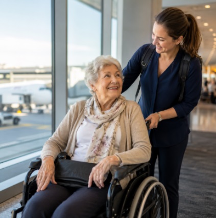 Caregiver assisting senior in wheelchair, home care Katy, TX, travel support.