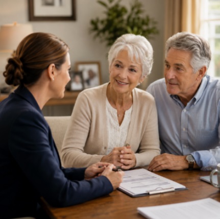 Senior couple meeting with advisor, senior care Sugar Land, TX, long-term planning discussion.
