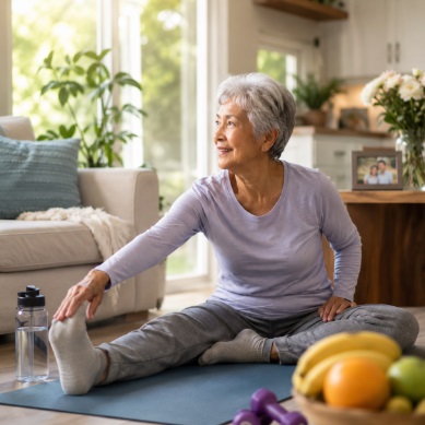 Senior exercising on a mat at home, Sugar Land, TX.