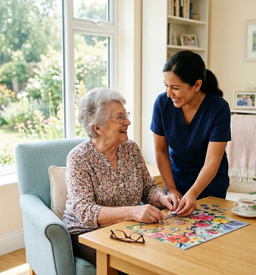 Caregiver helping a senior woman with puzzle activity at home, showing quality home care in Houston, TX