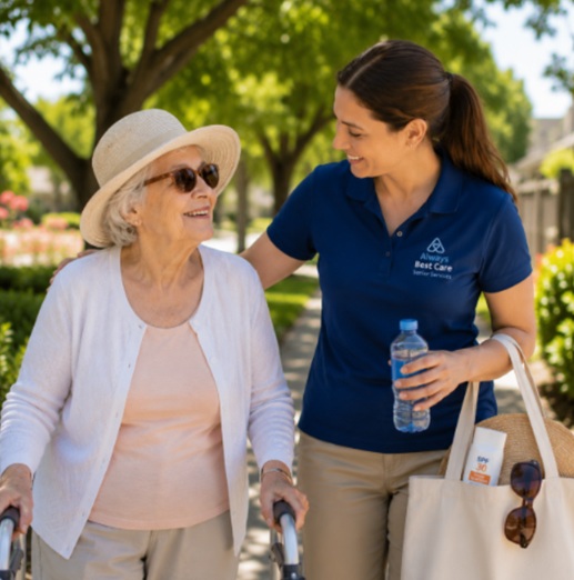 Caregiver walking with senior outdoors carrying water, sunscreen, and sun hat for summer safety in Sugar Land, TX.