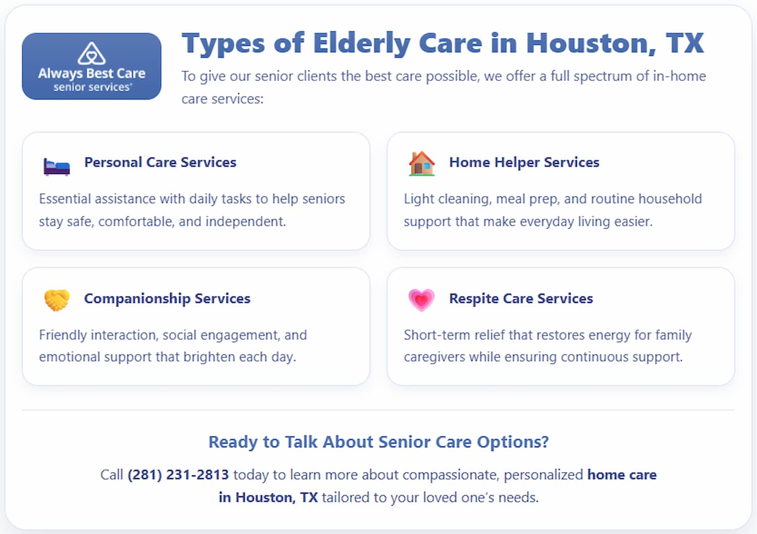 Infographic describing essential elderly support services provided through home care in Houston, TX