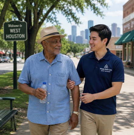 Caregiver walks beside a senior outdoors during summer in West Houston, TX.