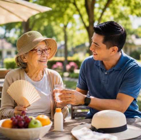 Caregiver offering water to senior outdoors in Katy, TX.