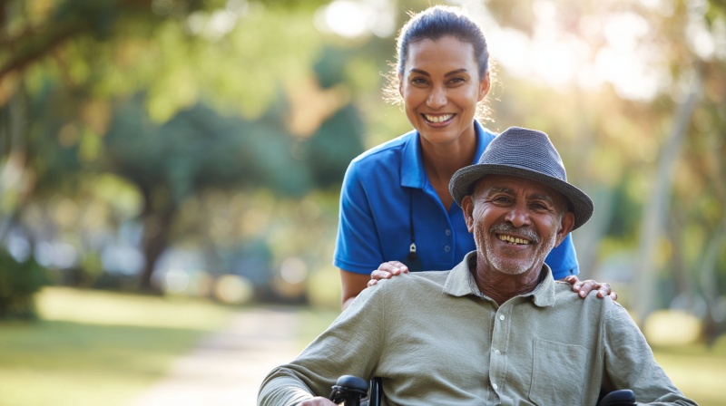 caregiver in blue uniform assisting a smiling senior man in a wheelchair outdoors, showcasing compassionate senior care sugar land, tx