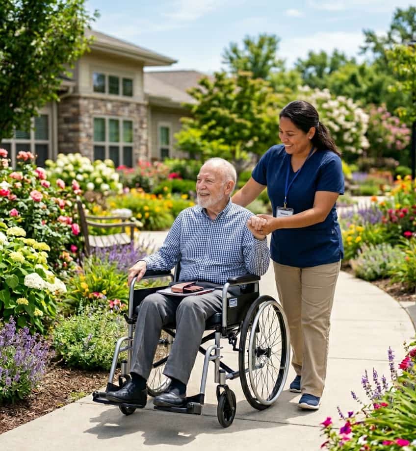 Senior in a wheelchair enjoying an outdoor walk with caregiver assistance for home care in Houston, TX