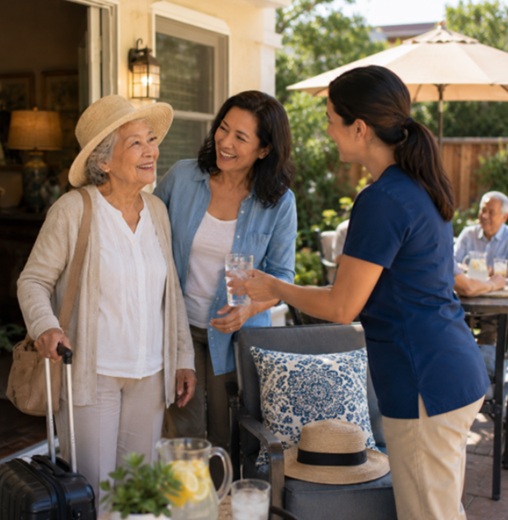 Caregiver welcoming a visiting senior and family outdoors with water for a safe summer visit in Houston, TX.