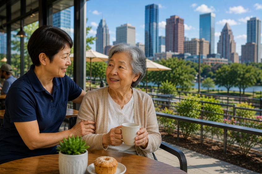 Short-haired caregiver supports a senior woman during a café visit with the Houston skyline in the background.