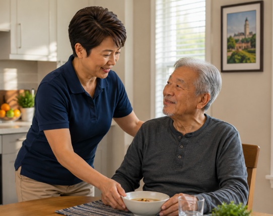 Female caregiver provides compassionate home care support to a senior man in Katy, TX.