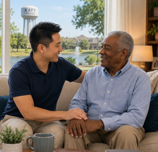 Caregiver comforts senior receiving home care in Katy, TX, with compassionate support.