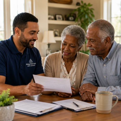 Family meets with care professional in Katy, TX discussing long-term home care and coverage.