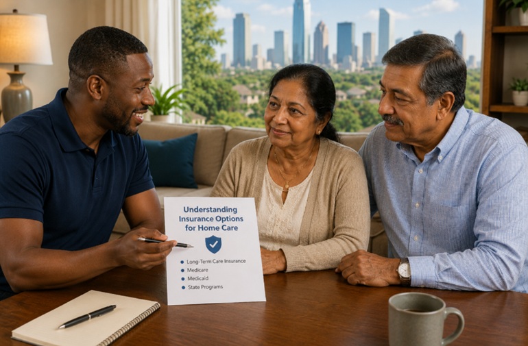 Senior couple discusses home care insurance options with a care professional in West Houston, TX.