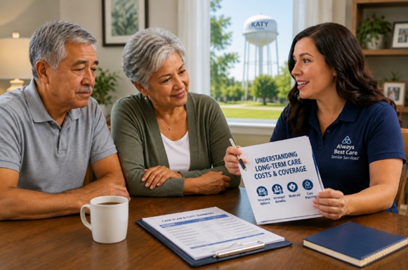 Senior couple discusses long-term home care costs and coverage with a care professional in Katy, TX. 