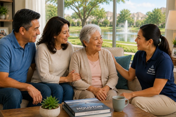 Senior enjoys temporary care with family and a caregiver during a visit to Sugar Land, TX.