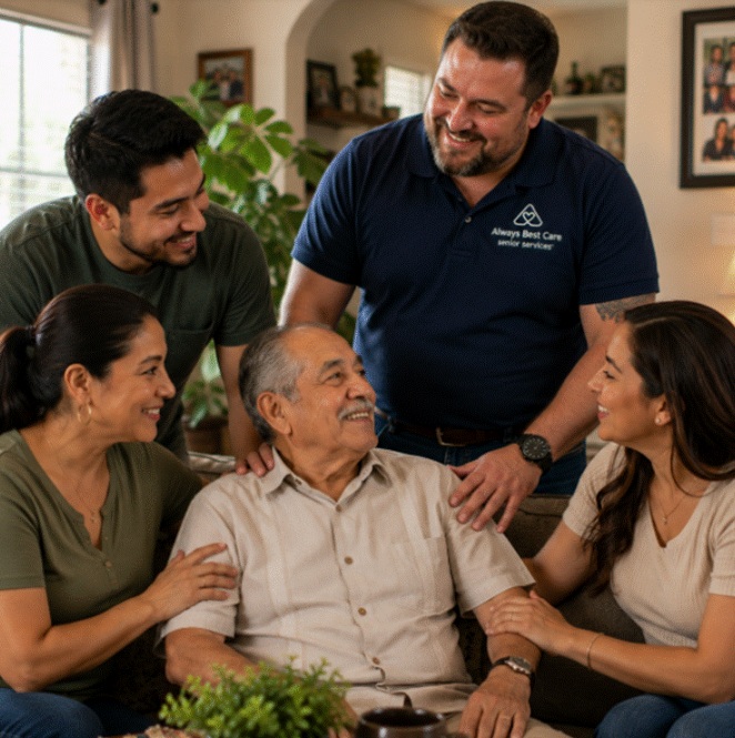 Caregiver and family discussing home care with a senior in Houston, TX.