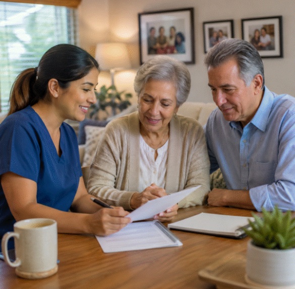 Caregiver discussing a senior care plan with family in Houston, TX.