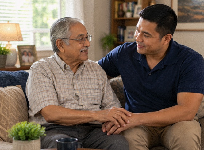 Senior receiving caregiver companionship through home care in Katy, TX.