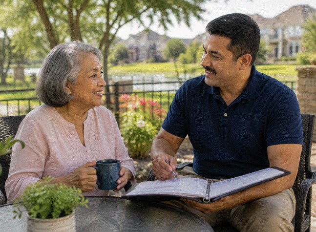 Caregiver discussing respite care options with a senior in Sugar Land, TX.