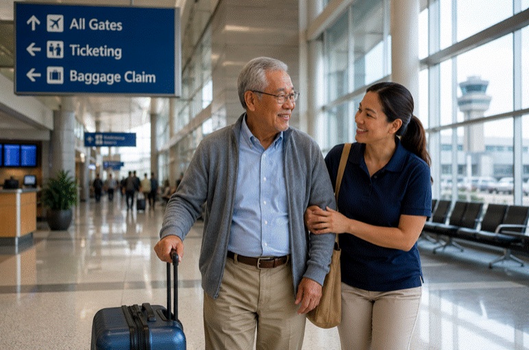 Caregiver assisting a senior traveler with luggage near West Houston, TX.