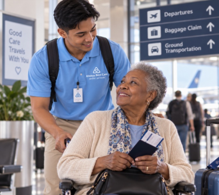 Travel caregiver assisting a senior woman in an airport.