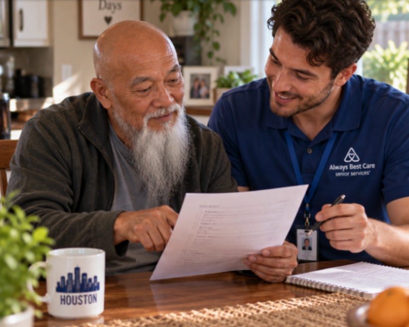 Caregiver reviewing care instructions with an older man in Houston, TX.