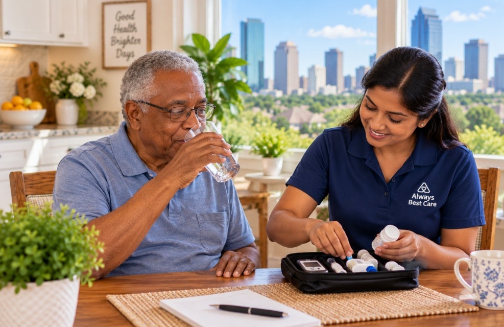 Caregiver providing everyday support to an older adult at home in West Houston, TX.