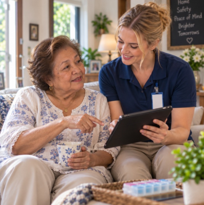 Caregiver reviewing home care information with a senior woman.