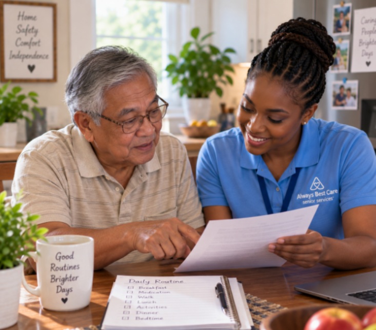 Caregiver discussing a daily care routine with a senior in Houston, TX.