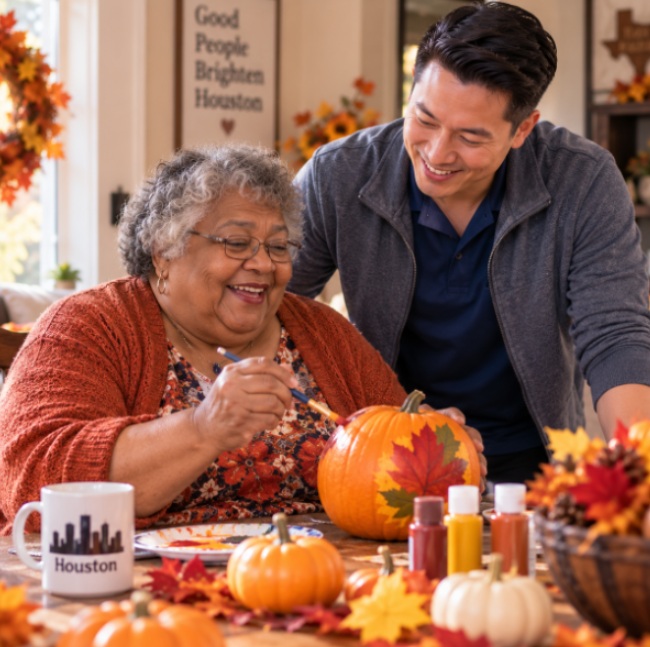 Caregiver and older woman painting a pumpkin for fall in West Houston, TX.