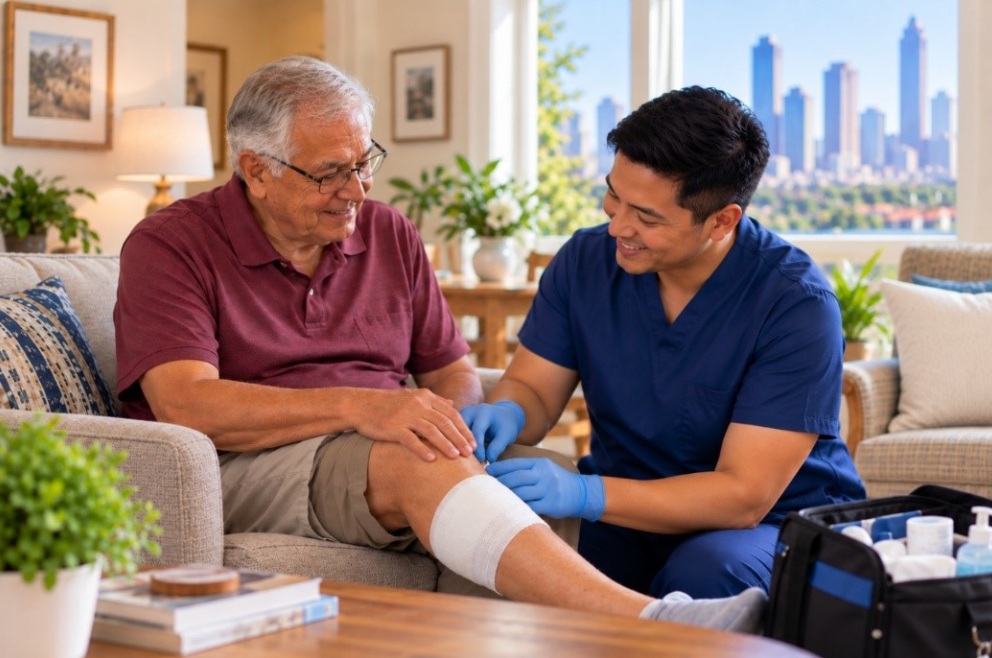 Male caregiver providing wound care to an older man's hand during recovery at home in Houston, TX.