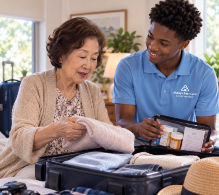 Caregiver helping a senior woman pack for an upcoming Katy, TX trip.