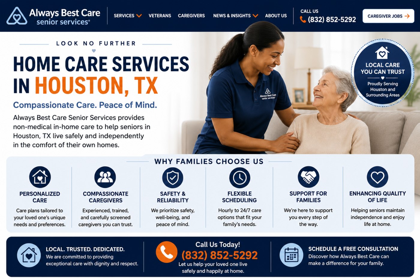 Always Best Care Senior Services infographic featuring home care services in Houston, TX with compassionate caregivers, personalized support, and trusted care.