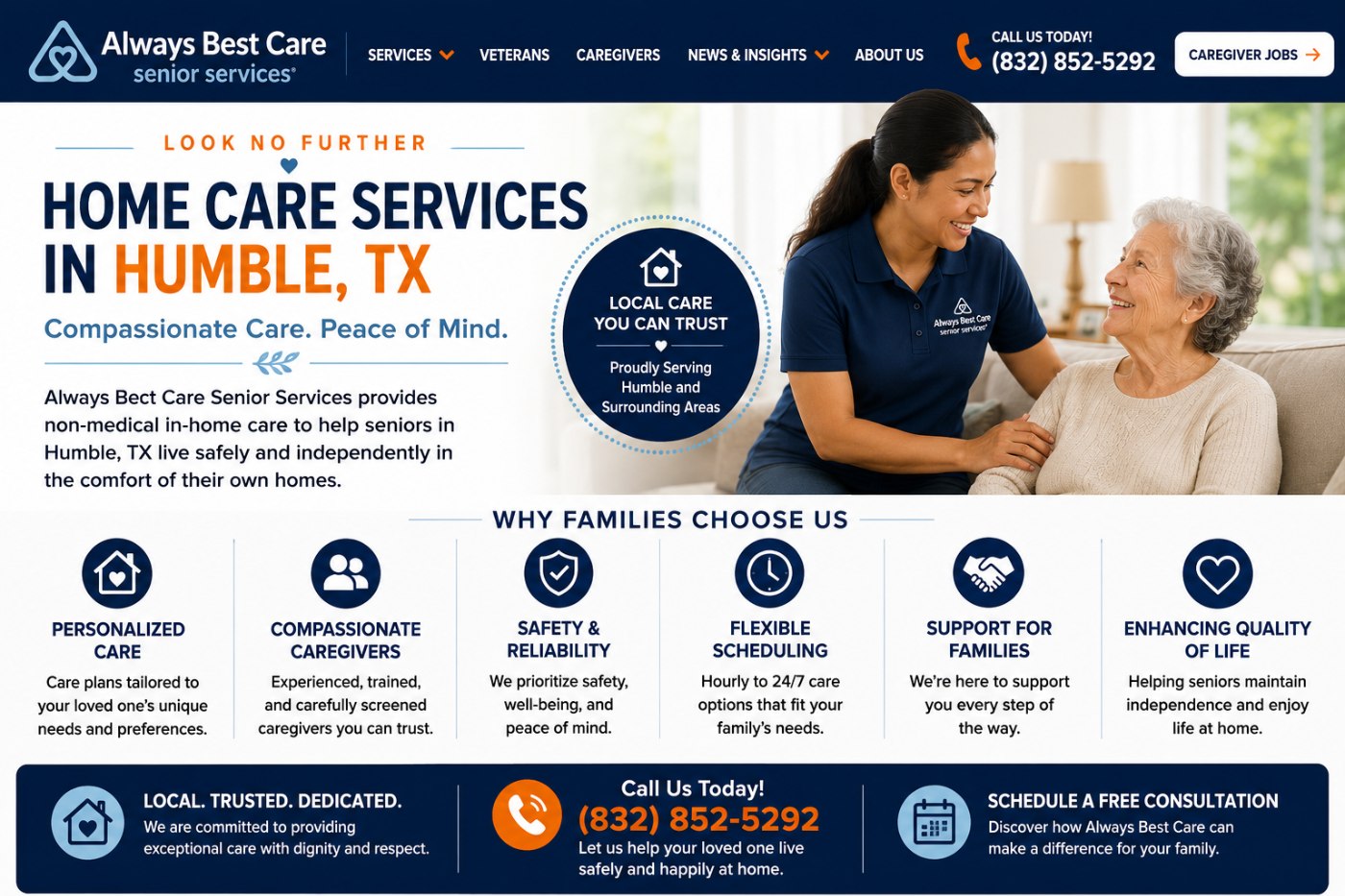 Always Best Care Senior Services infographic featuring home care services in Humble, TX with personalized care, trusted caregivers, flexible support, and safety.