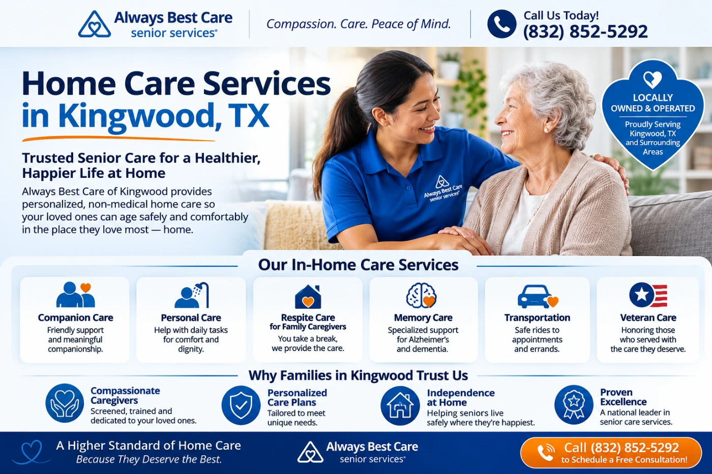 Always Best Care infographic featuring home care services in Kingwood, TX with compassionate caregivers, personalized senior care, and trusted in-home support.