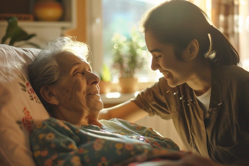 Caregiver supporting a senior at home for Houston, TX In-Home Care Services in a warm sunlit bedroom