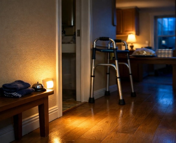 Motion-lit hallway with a walker, bathroom access, and evening safety items prepared for a senior’s overnight routine.