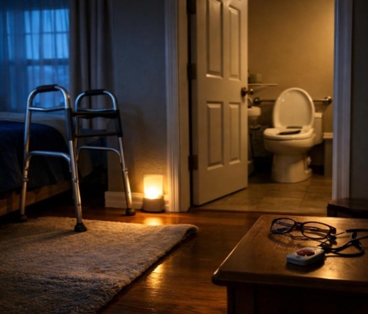 Nighttime safety path from a senior bedroom to an accessible bathroom with walker, motion light, and emergency alert pendant.
