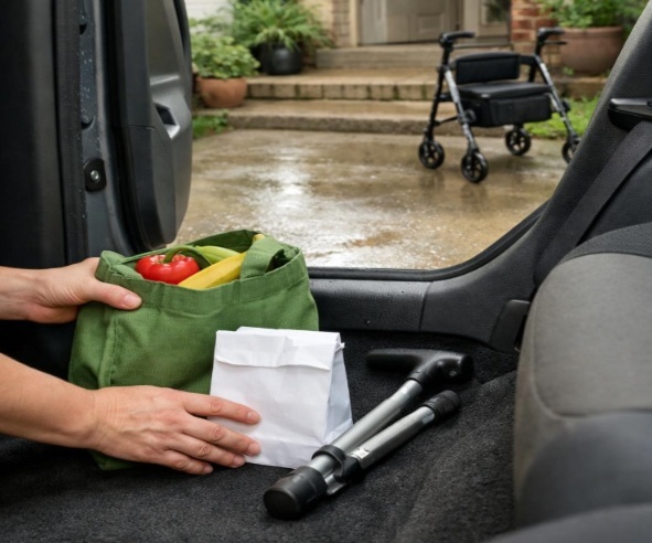 Grocery and prescription bags beside a folded cane in a car during a supported senior errand outing.