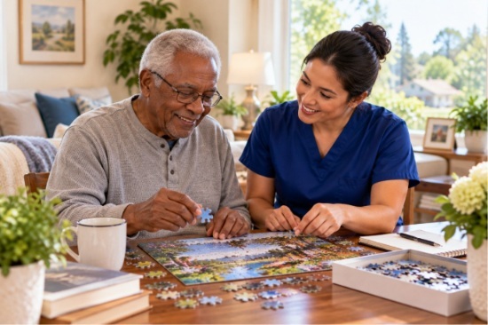 Caregiver providing everyday assistance to an older adult at home in Kingwood, TX.