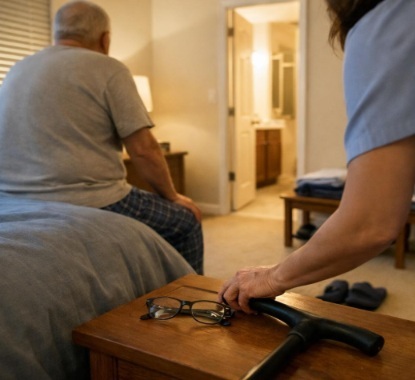Older man sits on the bed while a caregiver keeps his cane and eyeglasses nearby.