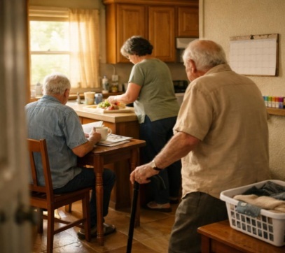 Caregiver prepares lunch in a warm home kitchen while an older couple maintains their daily routine nearby.