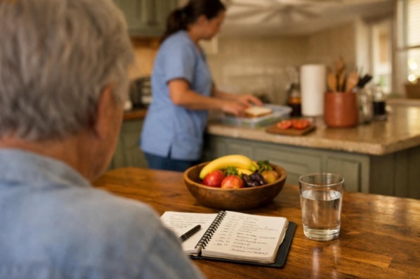 Respite care handoff essentials arranged on a kitchen counter before a family caregiver takes a planned break.