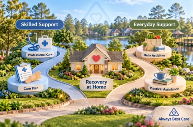3D infographic showing skilled and everyday support coming together during recovery at home in Kingwood, TX.