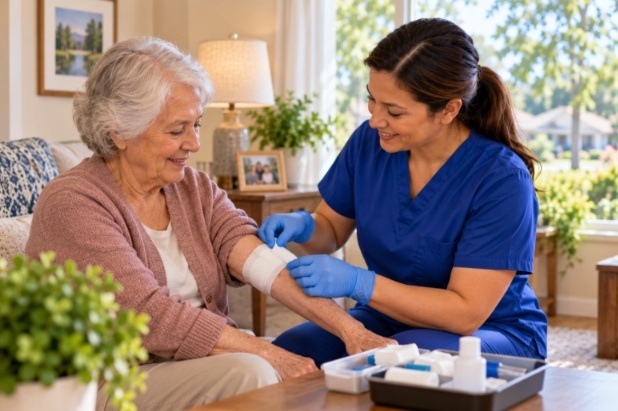 Caregiver providing wound care support to an older woman recovering at home in Kingwood, TX.