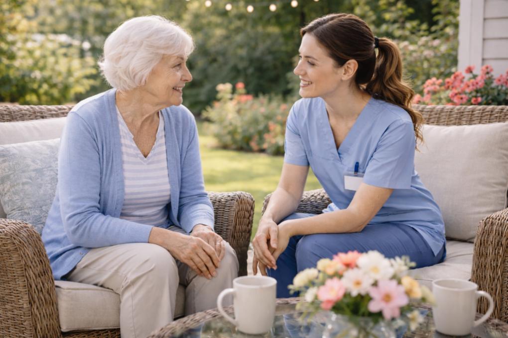 Caregiver chatting warmly with a senior woman on an outdoor patio, reflecting compassionate companionship and home care Seymour, TN services.