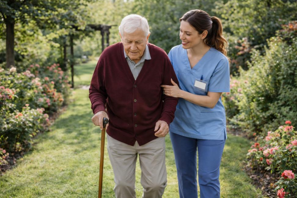 Caregiver assisting an elderly man with a cane while walking through a garden, representing compassionate home care Seymour, TN and personalized senior support.
