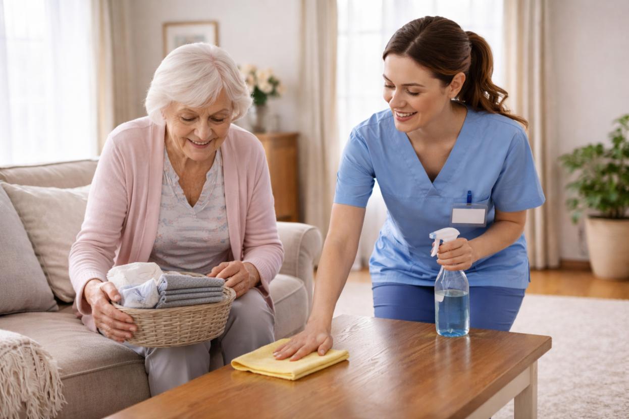 Caregiver helping a senior woman with light housekeeping and organizing linens at home, highlighting supportive home care Seymour, TN services.