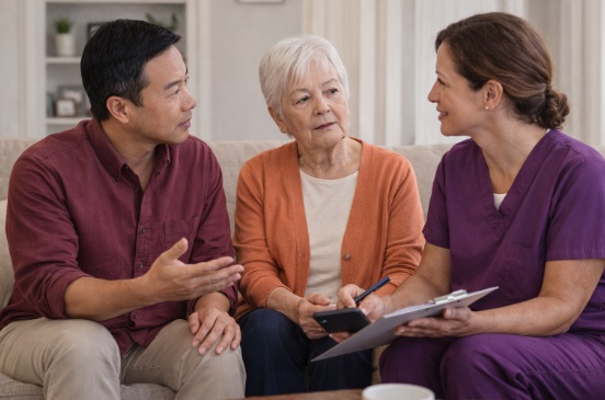Family discussing home care with a caregiver in Seymour, TN