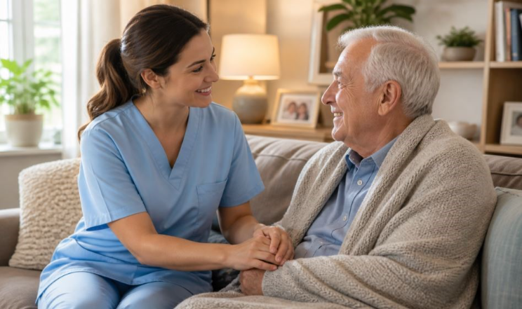 Home caregiver comforting senior man on sofa during in-home care in Seymour, TN 