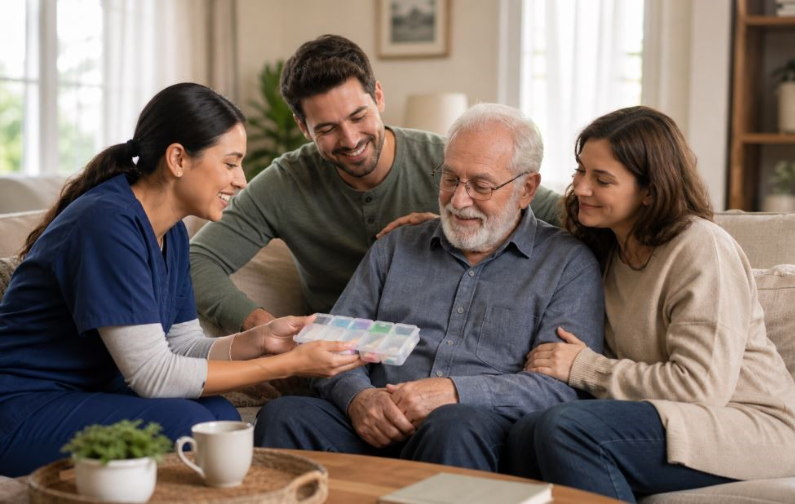 A professional caregiver in Lenoir City helps an elderly man manage medications with his family present, showing compassionate and supportive in-home care services 